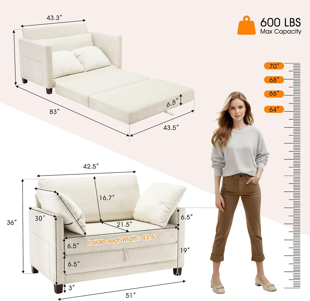 51' Loveseat Sleeper Sofa Bed, Chenille Convertible Floor Sofa Bed for Small Spaces, Folding Couch Bed with Deep Seat, 2 Pillows & Solid Frame, Pull Out Floor Couch for Living Room, Beige