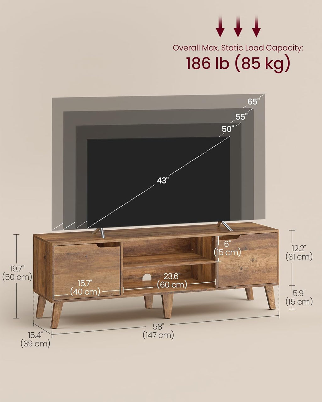 VASAGLE TV Stand for 65-Inch TVs, Entertainment Center with Adjustable Shelf, 58-Inch Long Media Console Table, Transitional Style, for Living Room, Bedroom, Honey Brown ULTV556K01