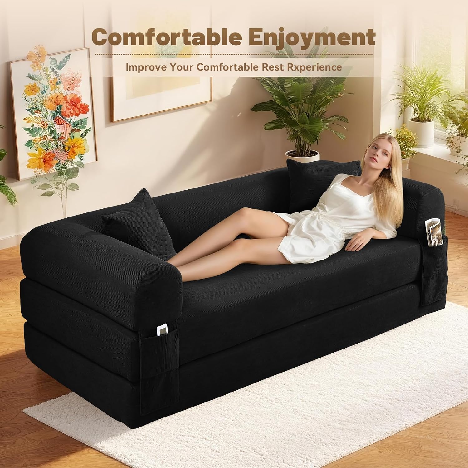 Convertible Futon Sofa Bed,80' Folding Pull Out Couch with Pillows & Storage Pocket (Black, Corduroy-35.5'W)