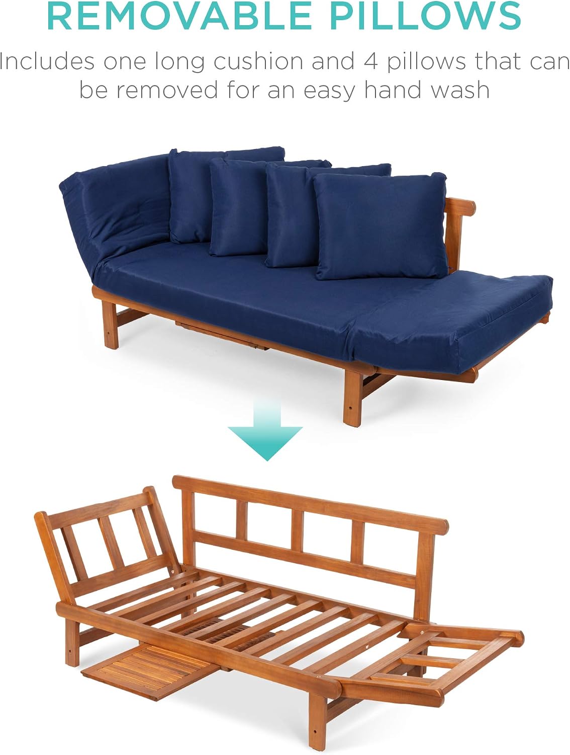 Best Choice Products Outdoor Convertible Acacia Wood Futon Sofa Furniture for Patio, Balcony, Poolside, Backyard w/Pullout Tray, Removable Weather-Resistant Cushion & 4 Pillows - Navy Blue