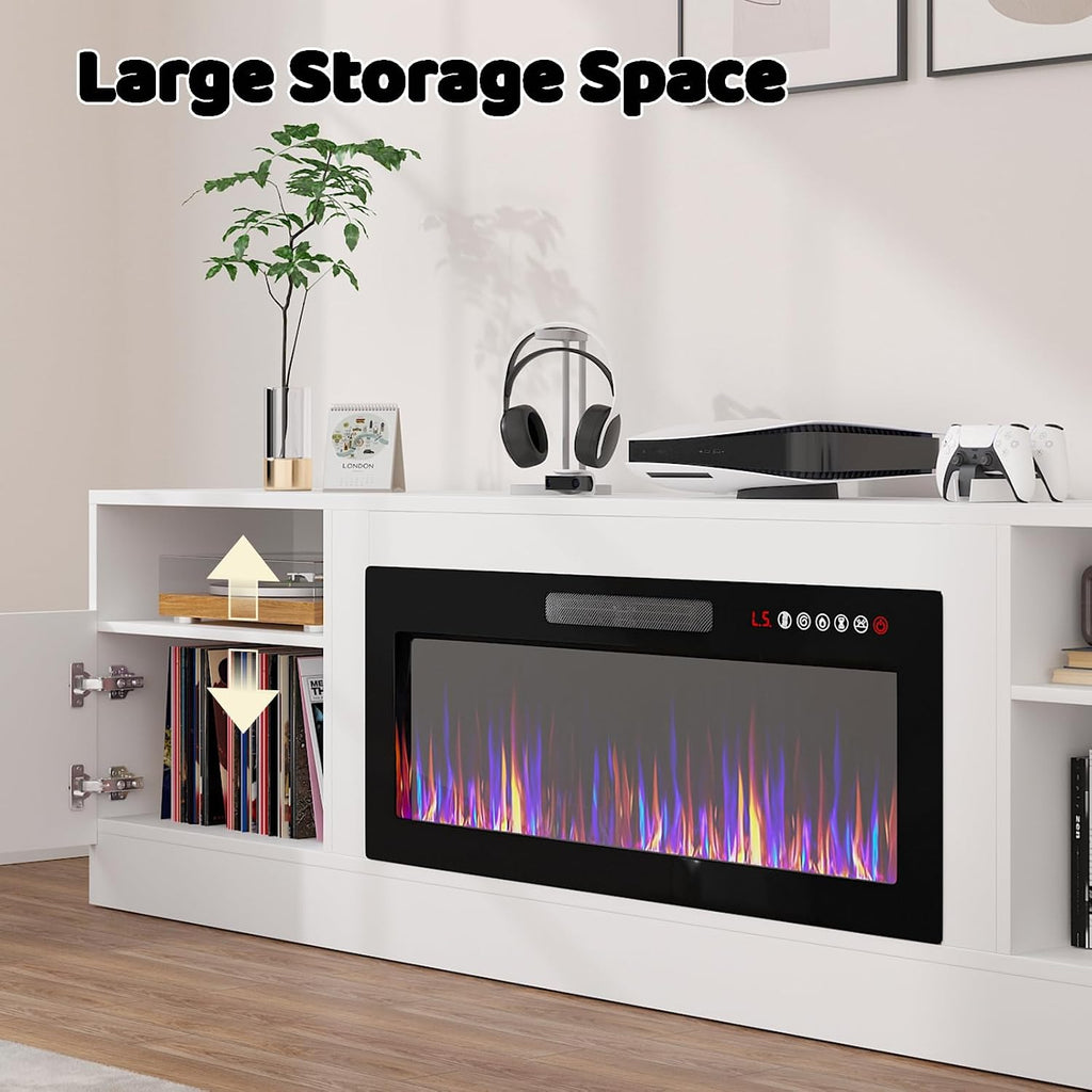 Lemberi Fireplace tv Stand with 36 inch Fireplace Up to 90' TVs, LED Light Entertainment Center and Storage, 80' Modern Wood Media TV Console with Highlight Cabinet for Living Room (White)