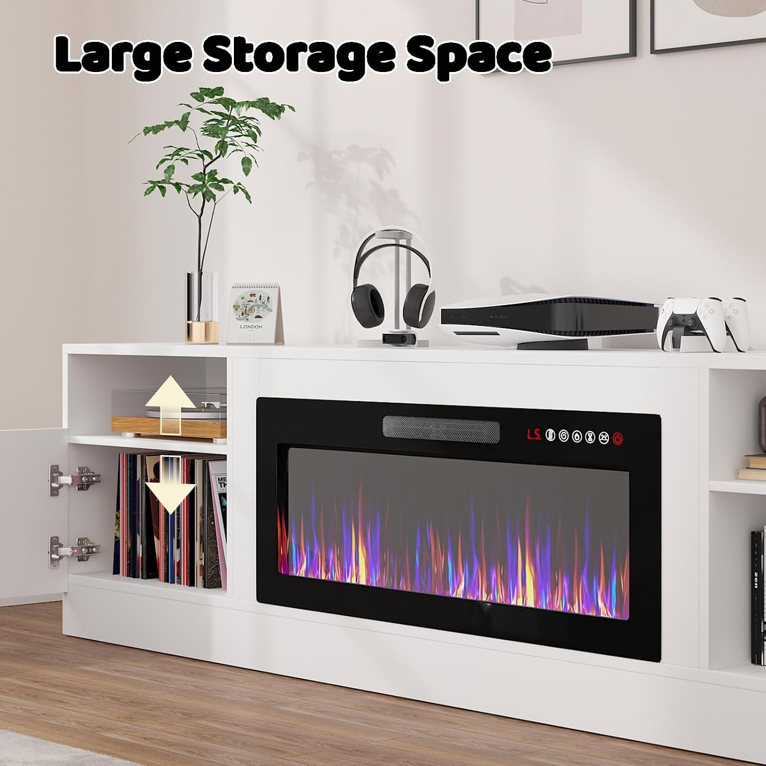 Lemberi Fireplace tv Stand with 36 inch Fireplace Up to 90' TVs, LED Light Entertainment Center and Storage, 80' Modern Wood Media TV Console with Highlight Cabinet for Living Room (White)