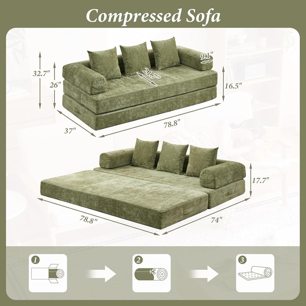 Futon Sofa Bed, Modular Convertible Folding 3 Seater Chenille Foam Floor Loveseat Sleeper Sofa Couch with 3 Pillows, No Assembly Compressed Boneless Couch, for Living Room Bedroom Guest Room, Green