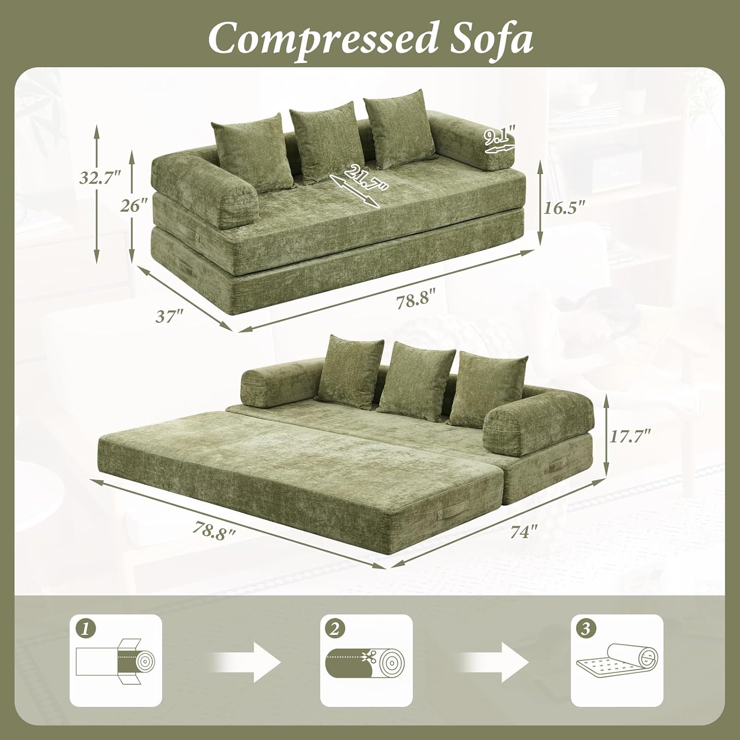 Futon Sofa Bed, Modular Convertible Folding 3 Seater Chenille Foam Floor Loveseat Sleeper Sofa Couch with 3 Pillows, No Assembly Compressed Boneless Couch, for Living Room Bedroom Guest Room, Green