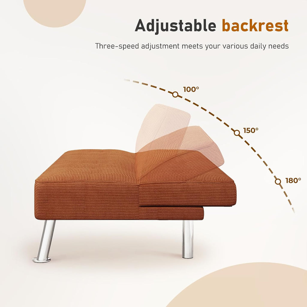 Furnimart Futon Sofa Bed, 66' Corduroy Convertible Futon Couch with 3-Position Adjustable Backrest, Solid Wood Frame Sleeper Sofa for Small Space, Living Room, Apartment, Office, Burnt Orange