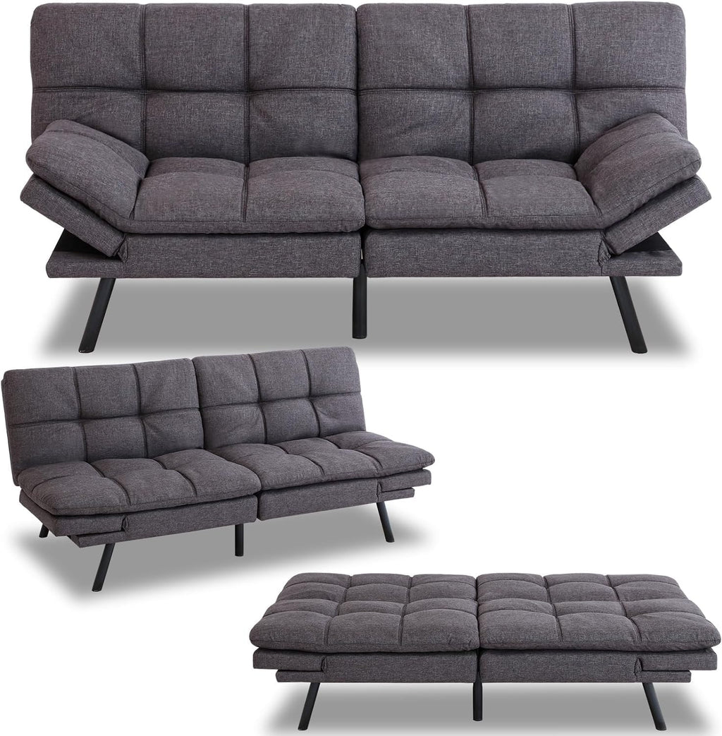 MUUEGM Futon Sofa Bed Couch Memory Foam Futon Convertible Couch Bed Sleeper,Modern Love Seat Daybed Sofa for Living Room,Small Space,Office,71',Adjustable Backrests Armrests,Grey