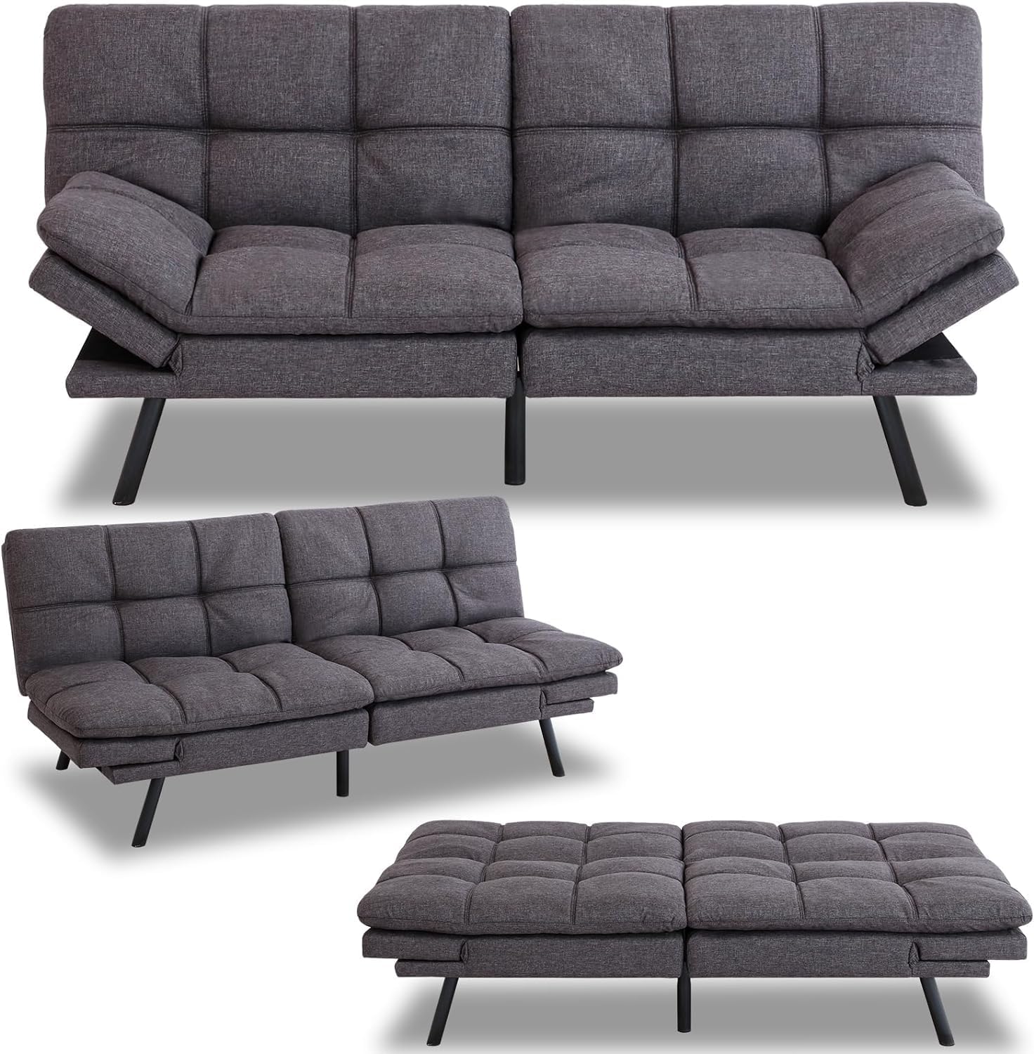 MUUEGM Futon Sofa Bed Couch Memory Foam Futon Convertible Couch Bed Sleeper,Modern Love Seat Daybed Sofa for Living Room,Small Space,Office,71',Adjustable Backrests Armrests,Grey