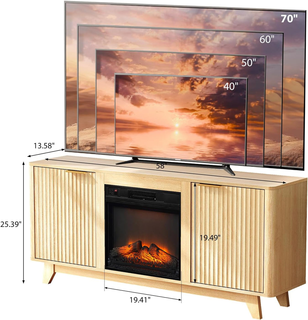 VINGLI Fireplace TV Stand for up to 70 inch TVs, Fluted Entertainment Center with Electric Fireplace Heater & Adjustable Shelves, Fireplace Media Console Table for Living Room, Oak