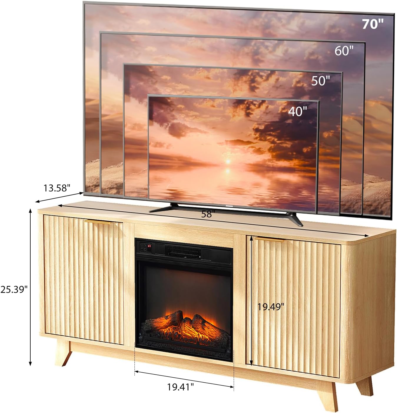 VINGLI Fireplace TV Stand for up to 70 inch TVs, Fluted Entertainment Center with Electric Fireplace Heater & Adjustable Shelves, Fireplace Media Console Table for Living Room, Oak