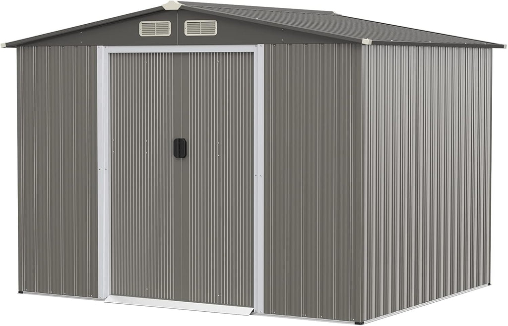 IRONMAX Outdoor Storage Shed with Floor, 8x6 FT Galvanized Steel Large Garden Shed w/Lockable Sliding Doors & Air Vent, Heavy Duty Tool Storage House for Backyard Patio Lawn