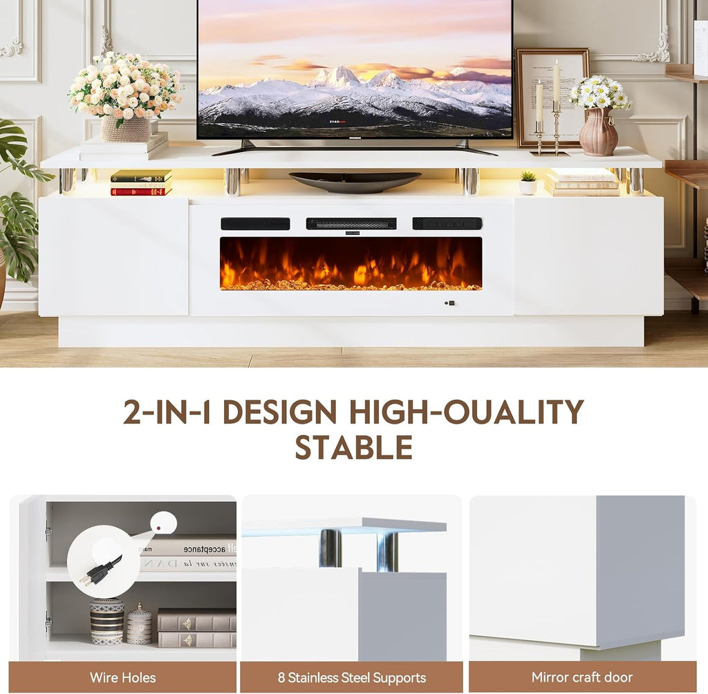 70' TV Stand for Living Room, Entertainment Center & Media Console with Storage, Fits TVs up to 80', Modern TV Cabinet with Shelves, 36' Electric Fireplace (All White)