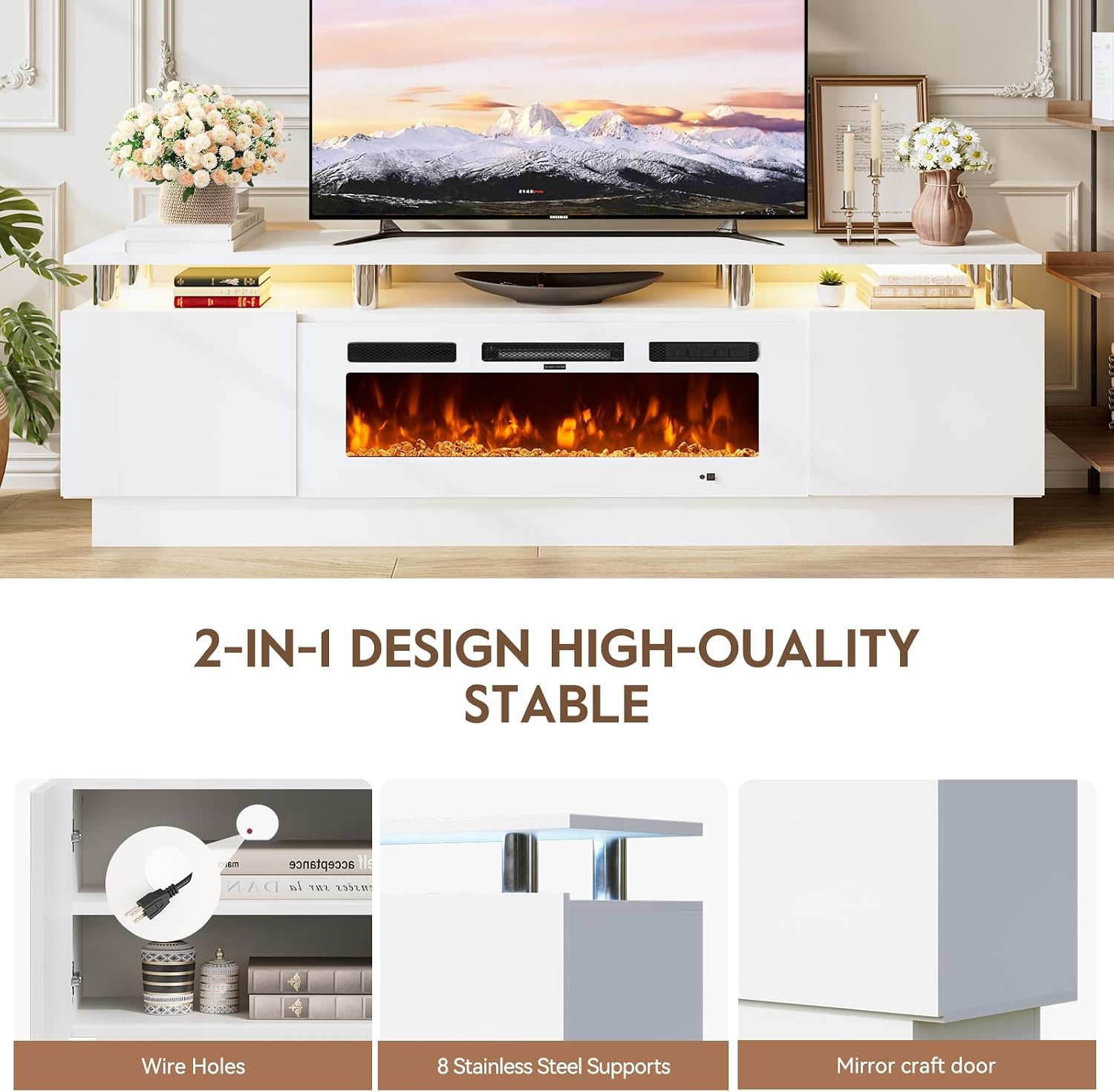 70' TV Stand for Living Room, Entertainment Center & Media Console with Storage, Fits TVs up to 80', Modern TV Cabinet with Shelves, 36' Electric Fireplace (All White)