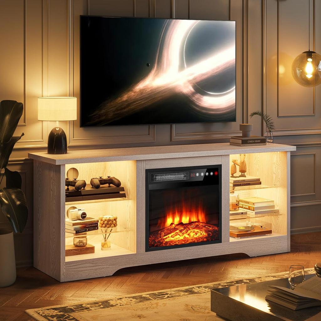 VITESSE 58 Inches Fireplace TV Stand for TVs up to 65 Inches Console with 18'' Electric Fireplace & Remote,Wooden Modern Entertainment Center for Living Room with LED Light Glass Shelves（Bei）