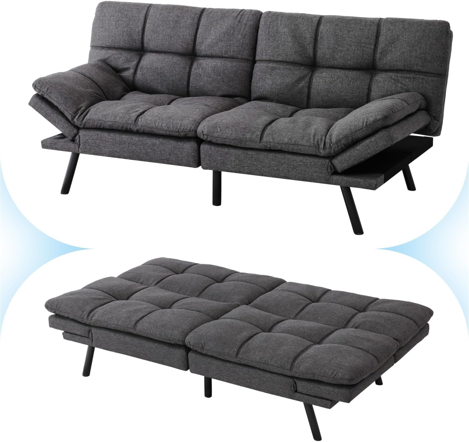 MUUEGM 71' Convertible Futon Sofa Bed, Upholstered Small Futon Couches with Adjustable Backrest, Loveseat Sleeper Bed for Compact Living Room Studio Office (Grey)