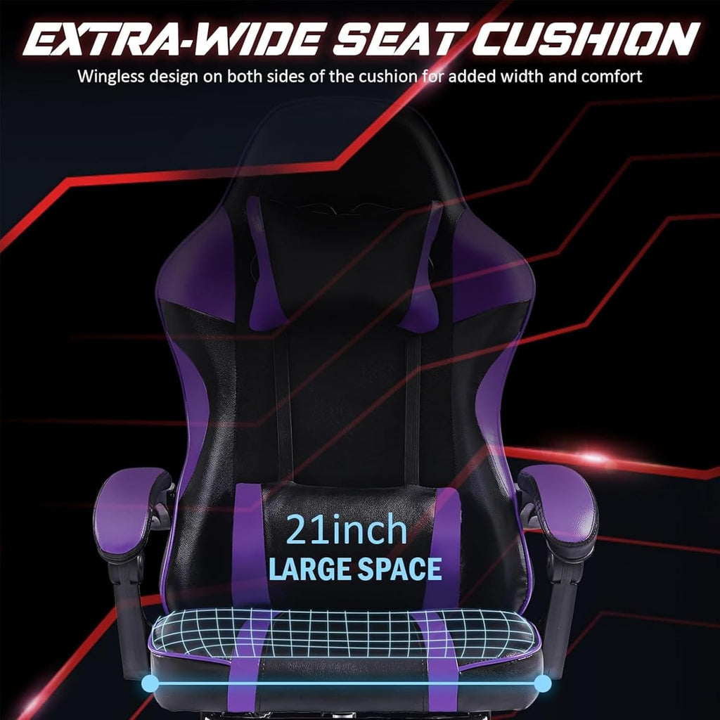 Video Game Chairs for Adults, PU Leather Gaming Chair with Footrest, 360° Swivel Adjustable Lumbar Pillow Gamer Chair, Comfortable Computer Chair for Heavy People, Purple