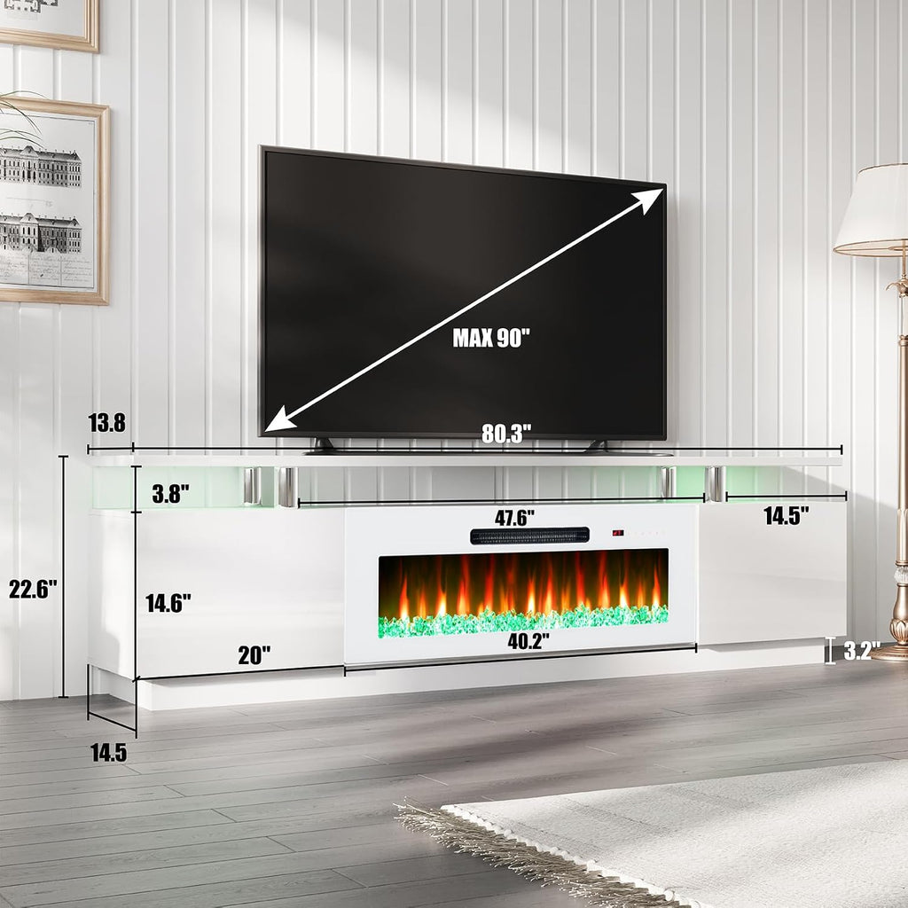 AMERLIFE Fireplace TV Stand with 40' Fireplace, 80' Modern Fireplace Entertainment Center LED Lights, 2 Tier TV Console Cabinet for TVs Up to 90', White & White