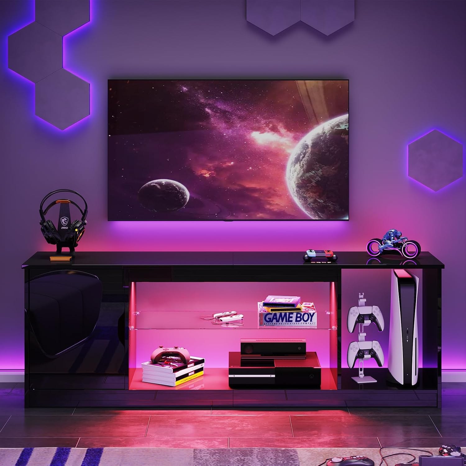 Bestier 57' Gloss Black Media Console - Gaming TV Stand for 65 Inch TV, Entertainment Center for PS5/Xbox Series X, Modern Home Theater Design, Adjustable Glass Shelves