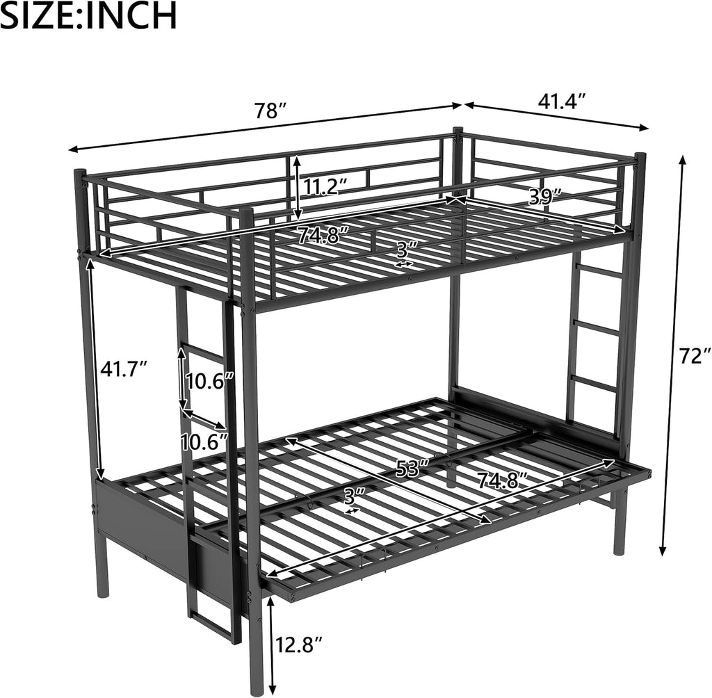Bellemave Twin Over Futon bunk Bed, loft Bed with futon, No Box Spring Needed, Black