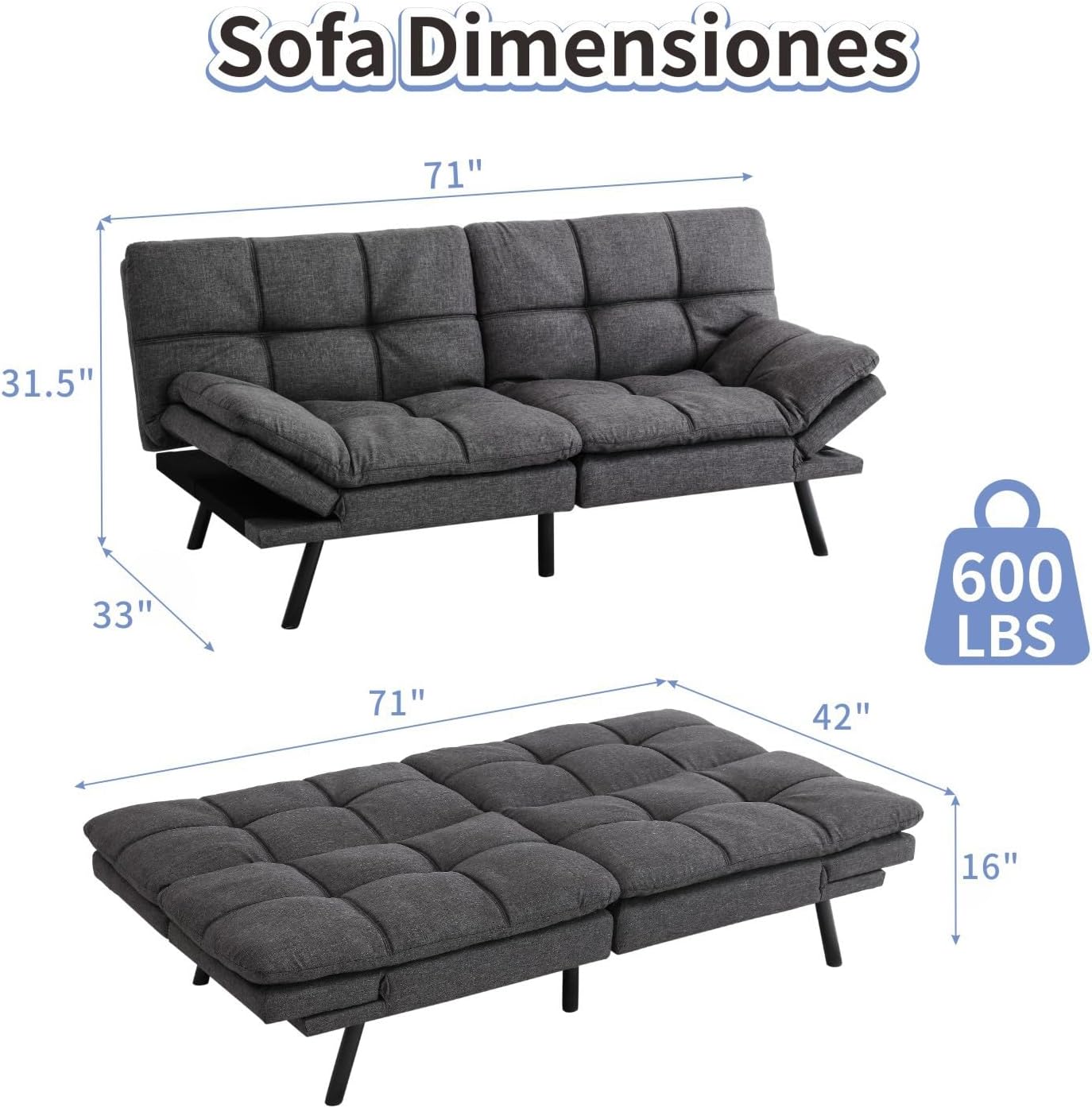 MUUEGM Futon Sofa Bed Memory Foam Dark Grey Futons Modern Office Couch Sleeper Bed Convertible Love seat Sofa for Small Spaces,Apartment,Office with Adjustable Armrest Backrest