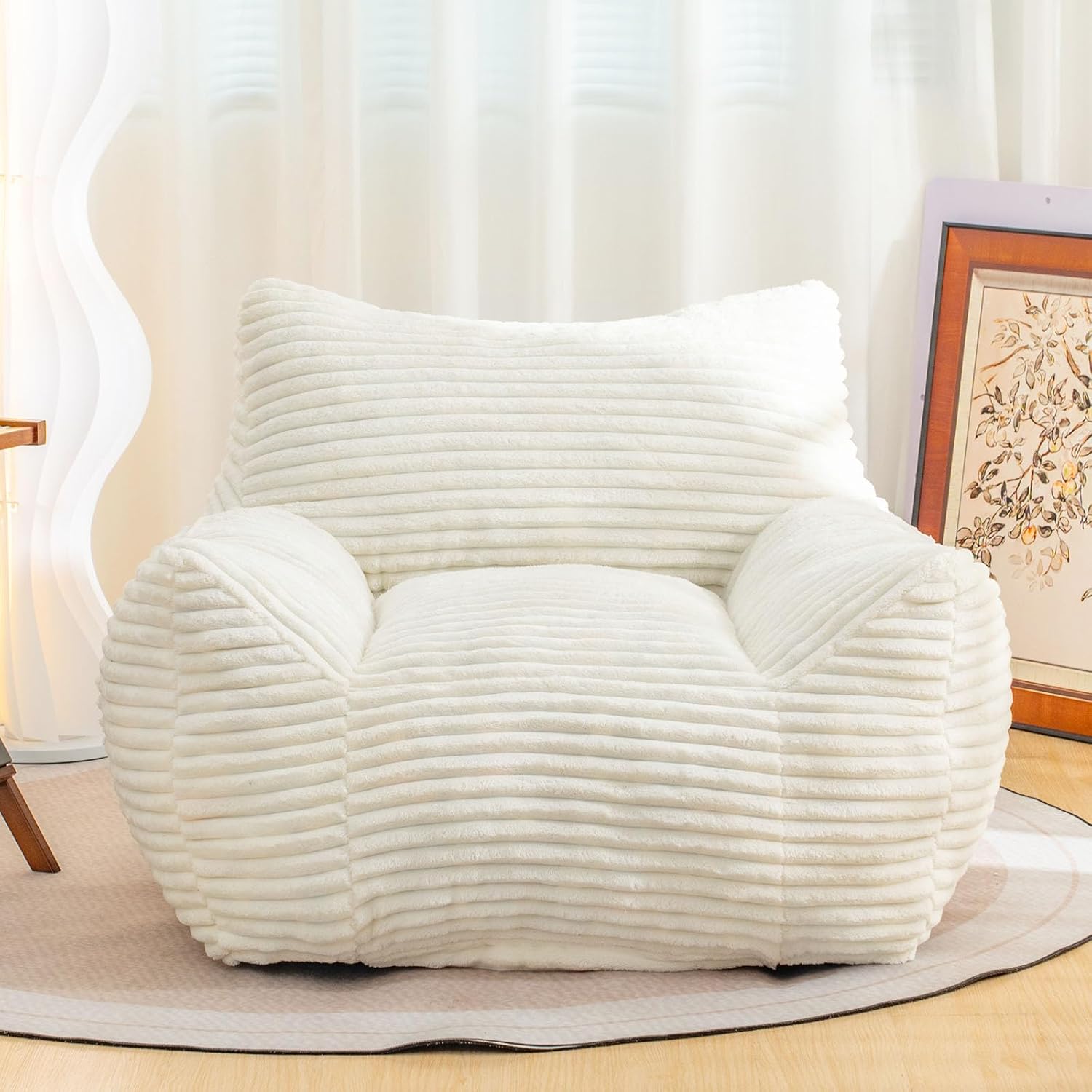 Bean Bag Chair for Adults, Comfy Corduroy Beanbag with Armrests, Lazy Sofa Floor Chair for Living Room, Bedroom, Dorm & Lounge, Cozy Fluffy Single Mini Couch (White)