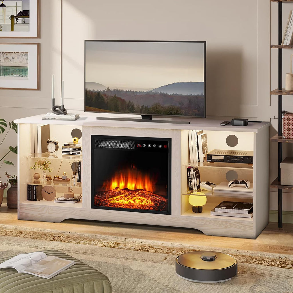 LEMBERI 58 Inches Fireplace TV Stand for TVs up to 65 Inches Console with 18'' Electric Fireplace & Remote, Wooden Modern Entertainment Center for Living Room with LED Light Glass Shelves (Beige)