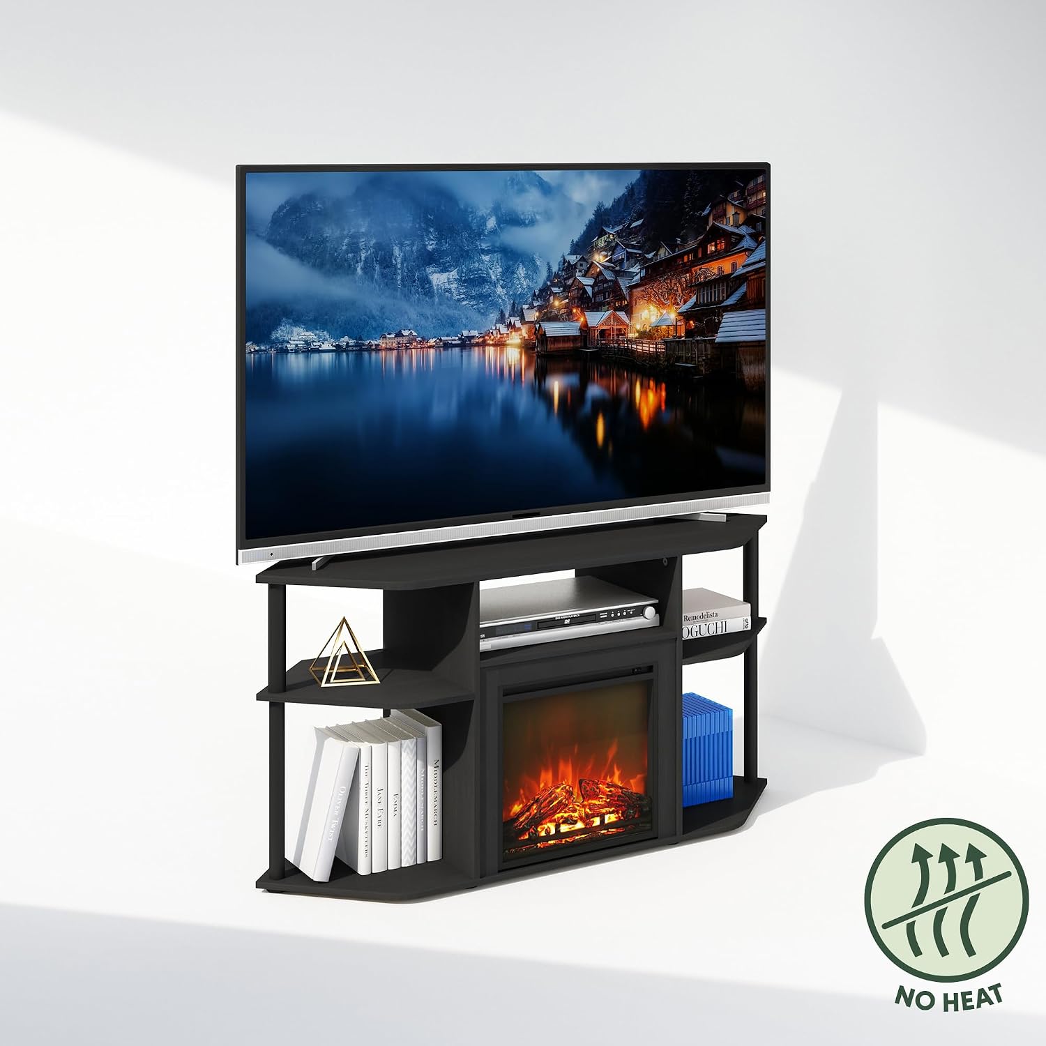 Furinno Jensen Fireplace TV Stand, NO Heat Decorative Electric Fireplace Corner TV Stand for TV up to 55 Inch, with Open Shelf, for Living Room, Americano/Black