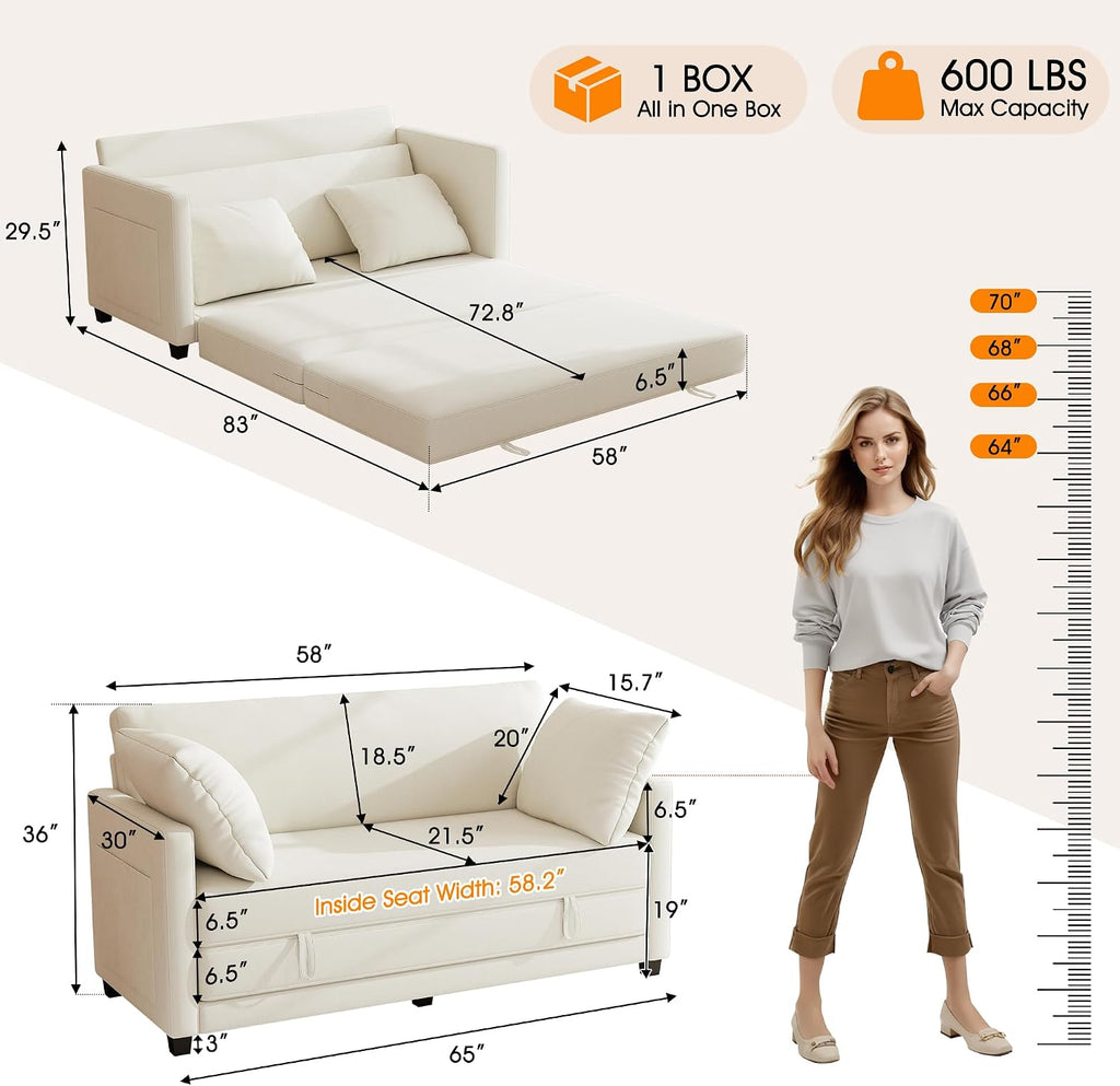 65' Loveseat Sleeper Sofa Bed, Chenille Convertible Sofa Bed for Small Spaces, Folding Couch Bed with Deep Seat, Solid Frame, Pull Out Floor Couches for Living Room, Beige