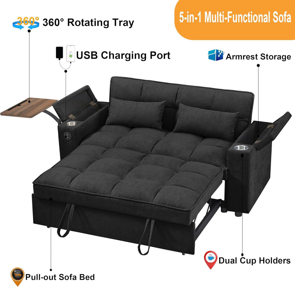 hansones 66' Multi-Functional Pull-Out Sofa Bed with Hidden Side Table, Storage Armrests, Built-in Charging Port, Spring Mattress, Solid Wood Frame – Ideal for Small Spaces, Easy Assembly