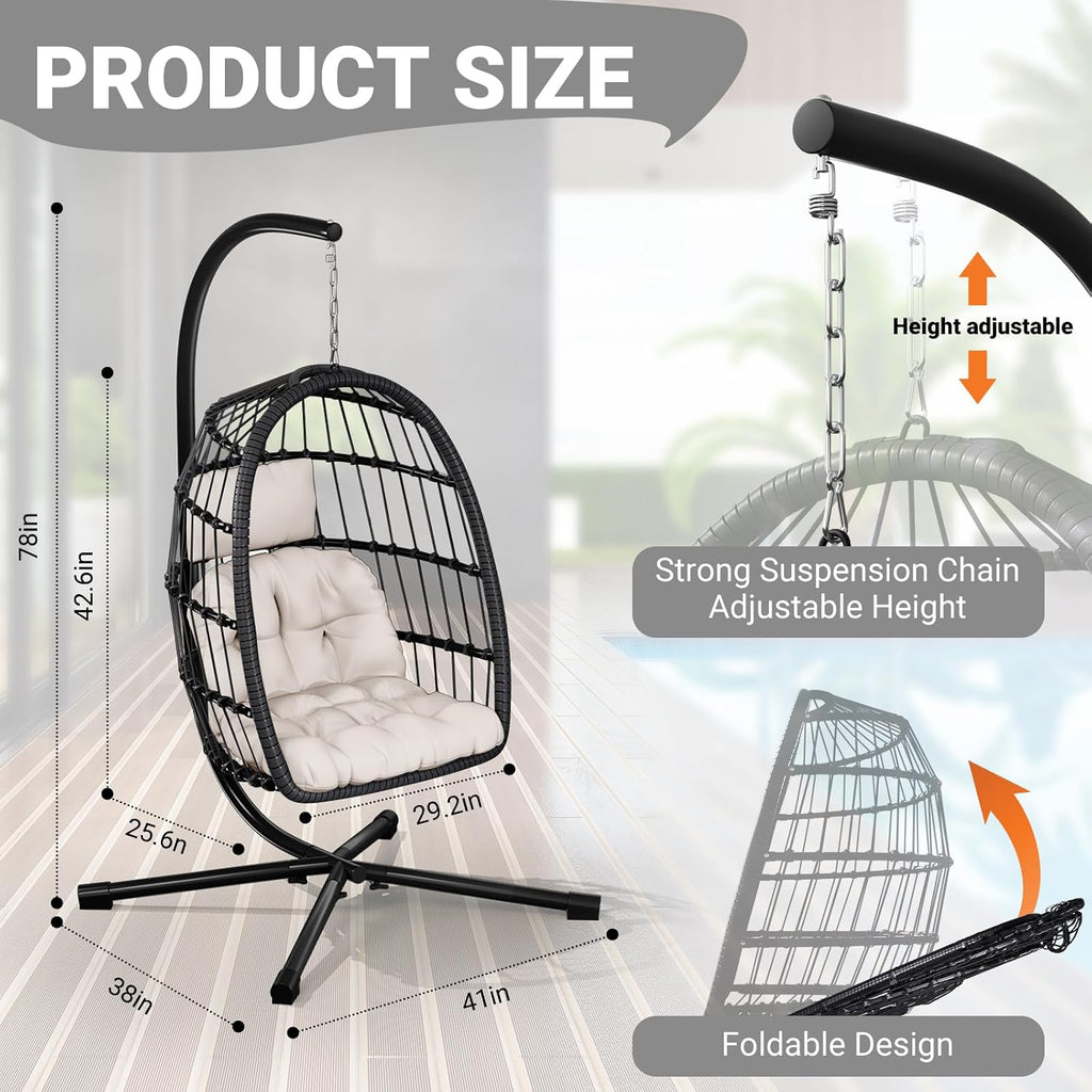 LEVELEVE Egg Chair with Stand,Patio Rattan Wicker Hanging Swing Egg Chair Hammock Chair for Bedroom Porch Garden,Thickened Aluminum Alloy Steel Frame and UV Resistant Cushion,350LBS Capacity