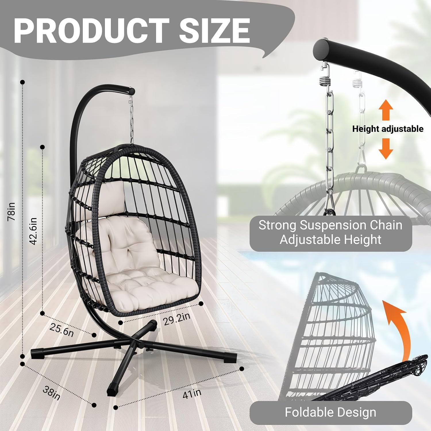 LEVELEVE Egg Chair with Stand,Patio Rattan Wicker Hanging Swing Egg Chair Hammock Chair for Bedroom Porch Garden,Thickened Aluminum Alloy Steel Frame and UV Resistant Cushion,350LBS Capacity