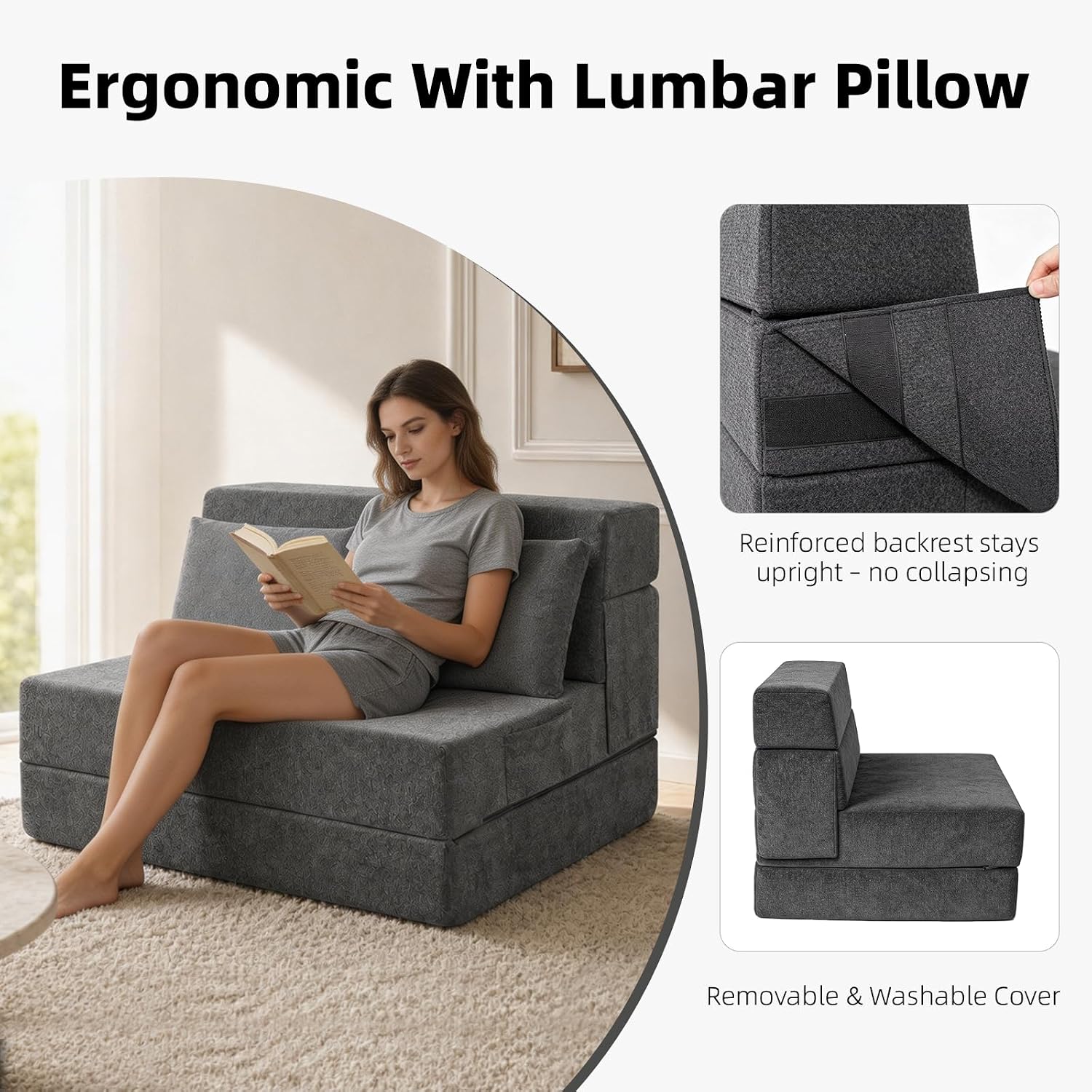 Folding Sofa Bed, Convertible Sleeper Chair with Pillow, Loveseat Fold Out Chair Bed, Memory Foam Floor Couch Mattress, Foldable Futon Couch Lounge for Living Room Guest Room (Grey, Twin)
