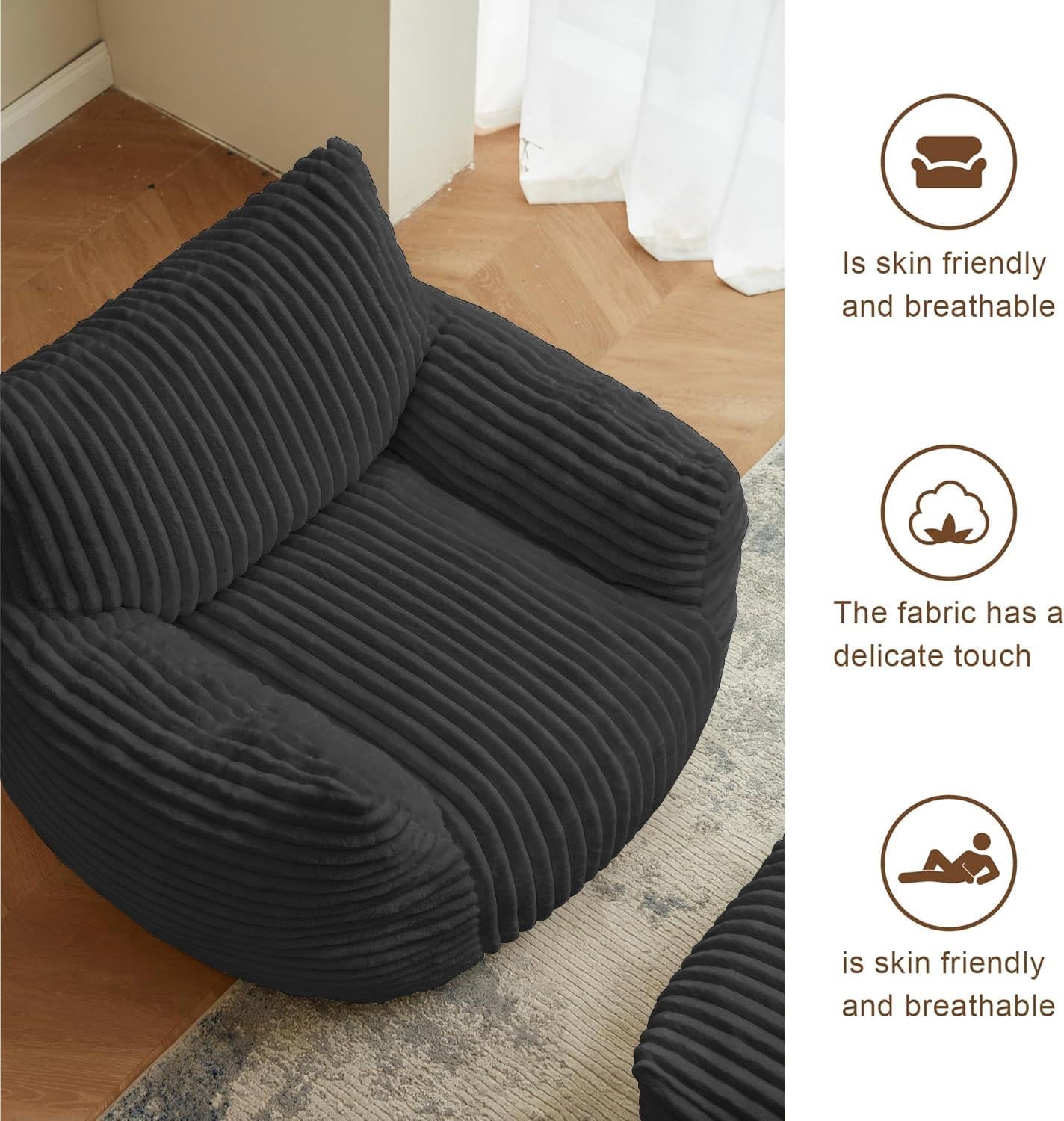 Giant Plush Bean Bag Chair with armrests for Adults,Reading Chair with Footstool,Black Bean Bag,Comfortable Reading and Gaming Recliner,Relaxing Cloud Sofa (Black, Bean Bag Chair + Footstool)