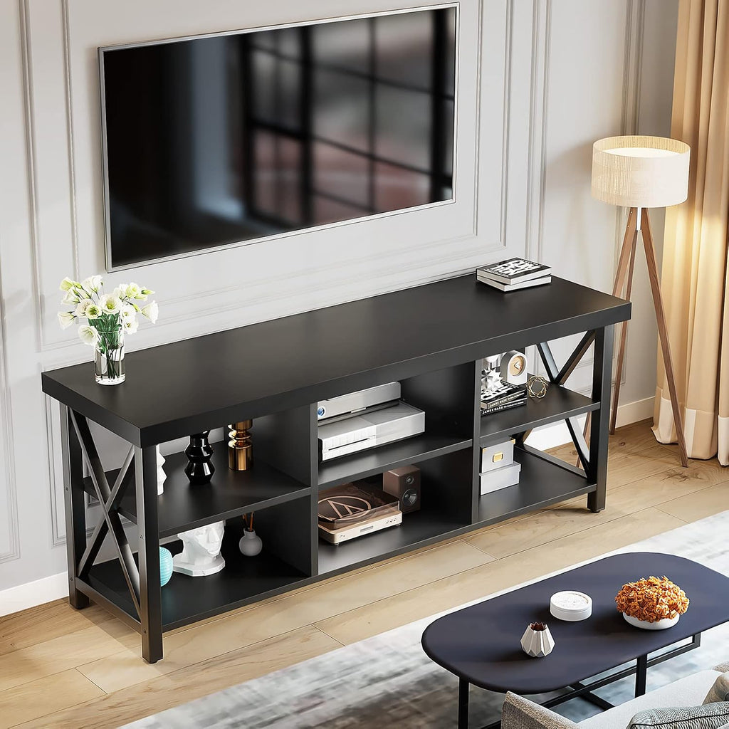 GreenForest TV Stand for TV up to 65 inches, Entertainment Center with 6 Storage Cabinet for Living Room, 55 inch Farmhouse Television Stands Console Table, Industrial TV stands for Living Room, Black
