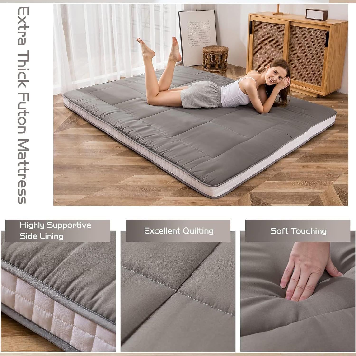 MAXYOYO King Futon Mattress Foam Mattress Topper, Japanese Floor Mattress Foldable Mattress Futon Mattress Pad Guest Mattress, Extra Thick Folding Floor Couch for Adults, Dark Grey King Size