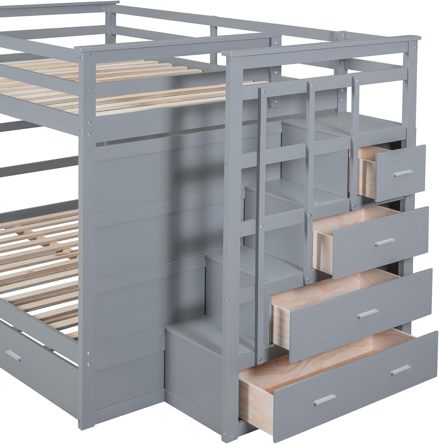 Harper & Bright Designs Full Over Full Bunk Bed with Twin Size Trundle and Stairs, Kids Bunk Beds with Storage Drawers, Wood Full Bunk Beds with Trundle and Guardrail for Kids Teens Adults, Gray