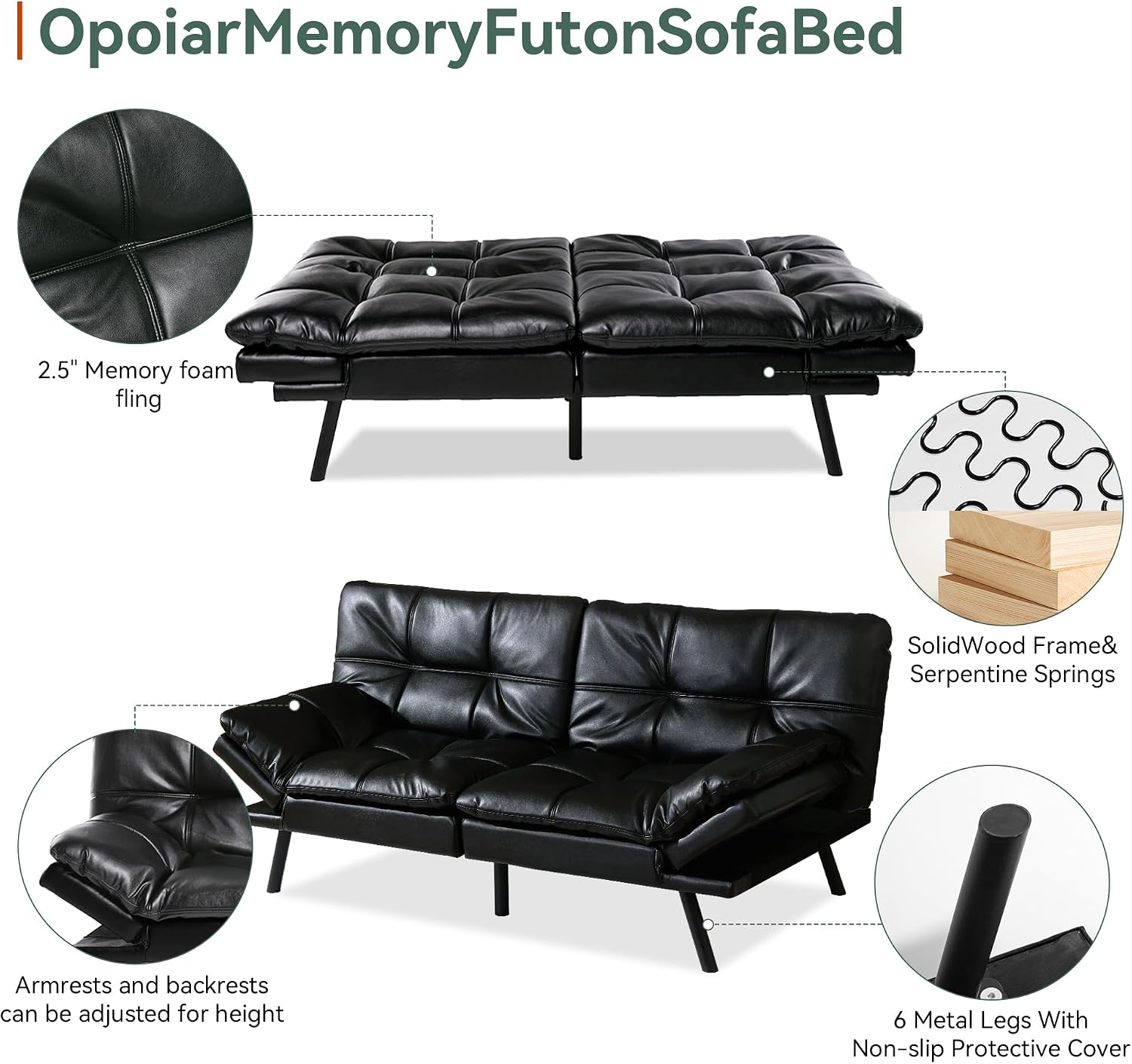 Opoiar 71' L Covertible Futon Sofa Bed,Faux Leather Futon Couch, Memory Foam Modern Loveseat Sleeper, Small Splitback Sofa Couches for Living Room,RV,Home Office,Apartment,Black
