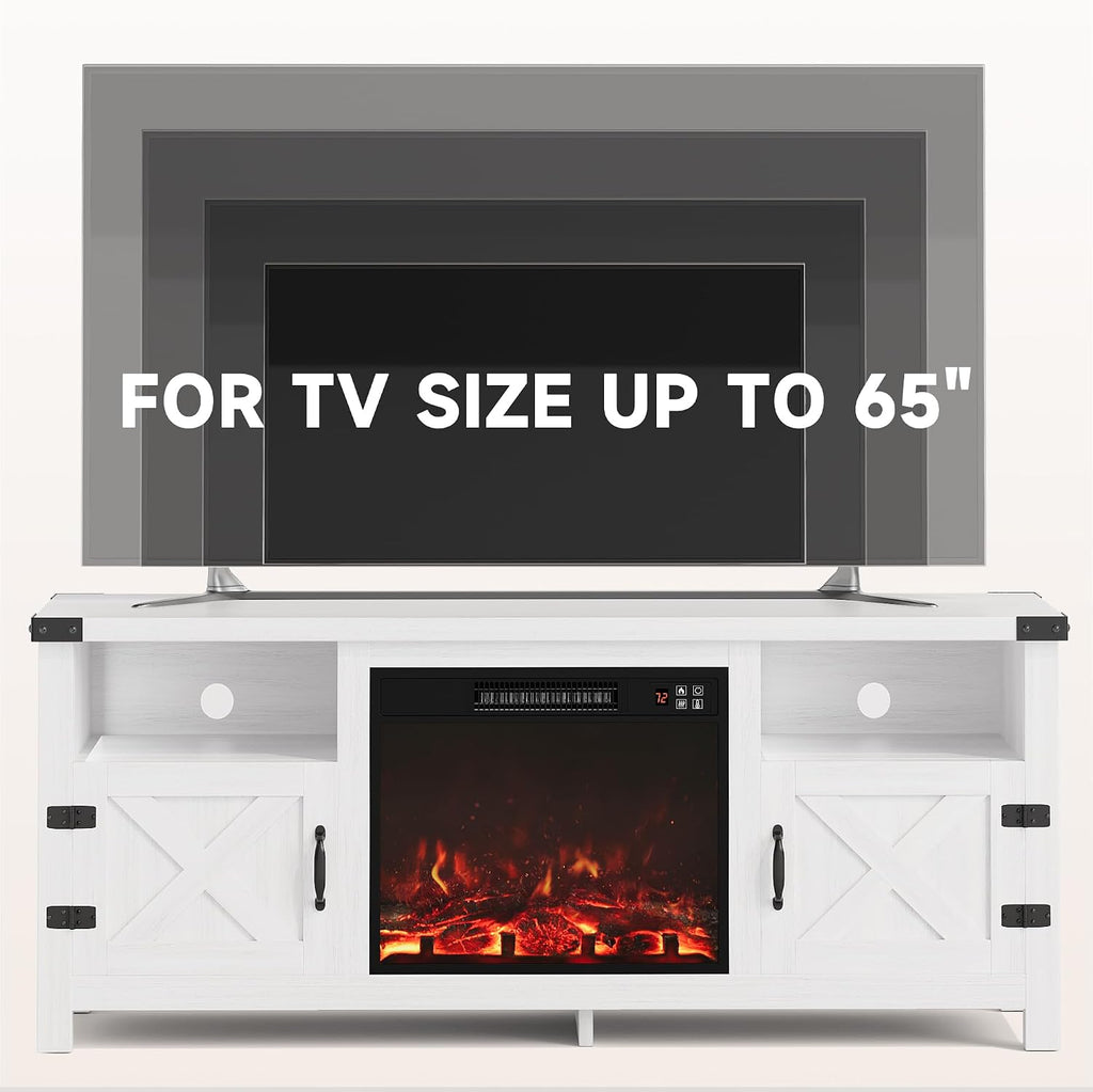 Furmax Fireplace TV Stand for 65 Inch TV, Fireplace Entertainment Center with Storage Cabinets and 2 Open Shelves, Modern Media TV Console Table for Living Room (White)