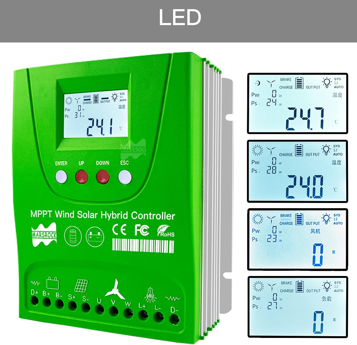 Marsrock 2000W 12V/24V Off Grid MPPT Wind Solar Hybrid Charge Controller,1000W Wind Turbine & 1000W Solar Panels Charge Controller with Dump Load,Suitable for Lithium Lead-Acid Gel Battery