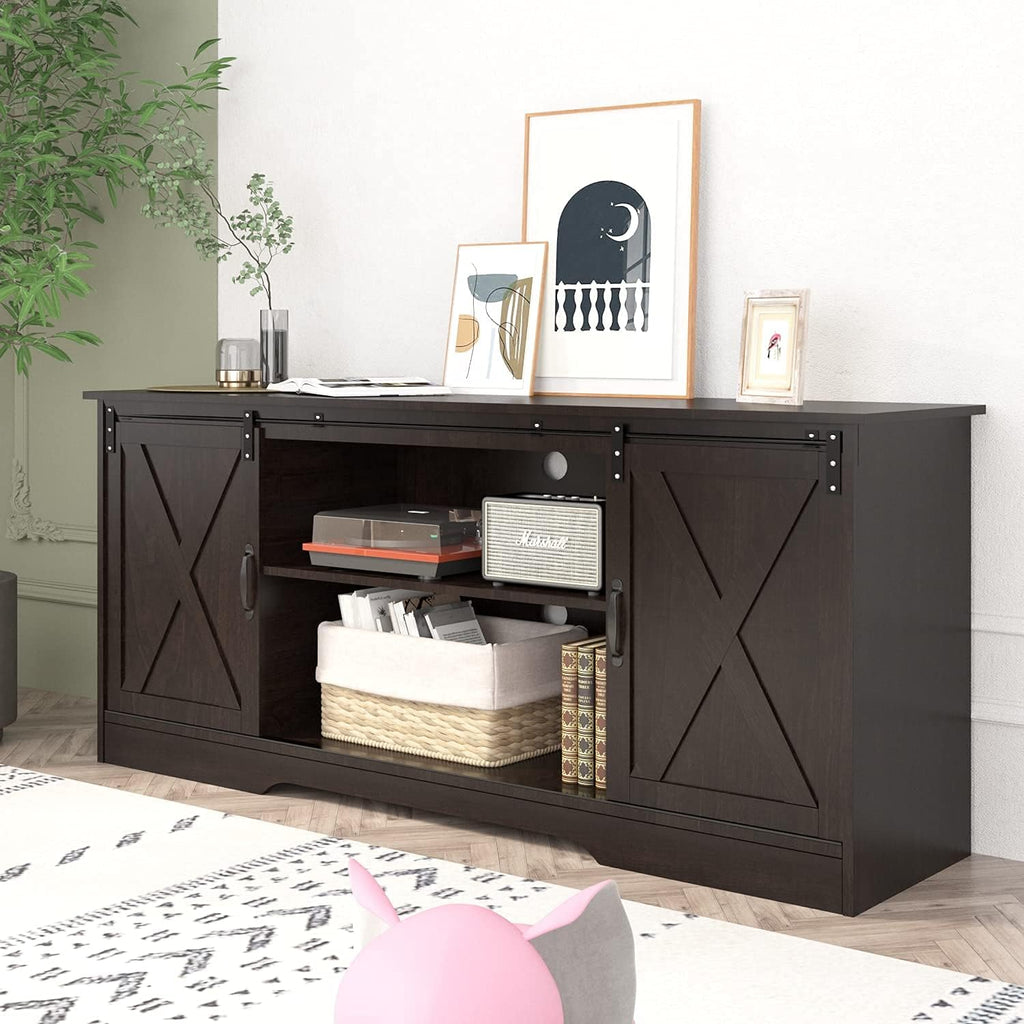 4 EVER WINNER 59' Farmhouse TV Stand, TV Entertainment Center with Sliding Barn Door & Adjustable Shelf for 65' TV, TV Stand for Living Room, Bedroom, Dark Brown