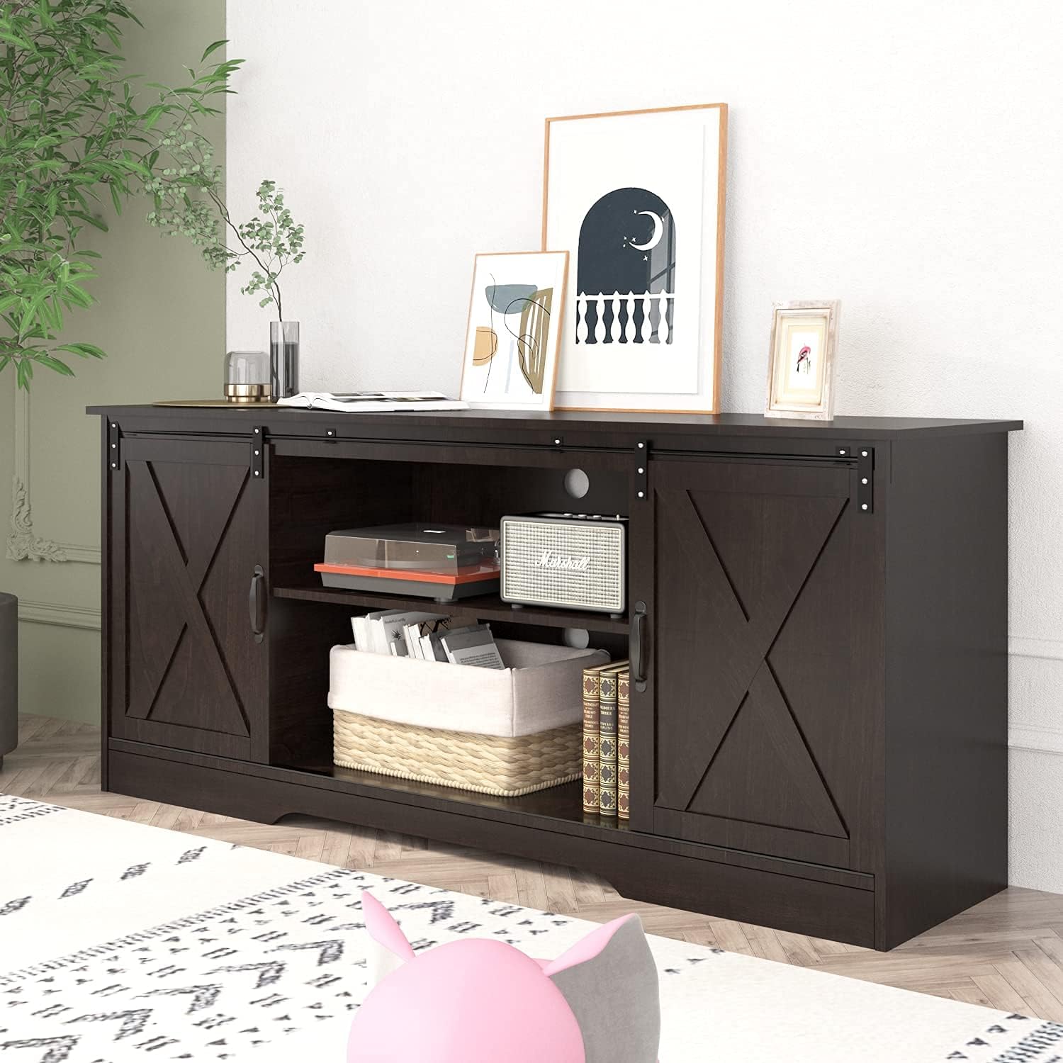 4 EVER WINNER 59' Farmhouse TV Stand, TV Entertainment Center with Sliding Barn Door & Adjustable Shelf for 65' TV, TV Stand for Living Room, Bedroom, Dark Brown