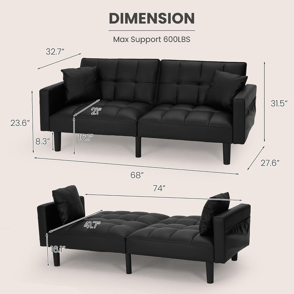 ECOTOUGE Futon Sofa Bed, 74' Convertible Sofa Bed with Adjustable Backrest Modern Loveseat Sleeper Sofa with 2 Pillow & Side Pockets Faux Leather Futon Couch for Living Room, Bedroom, Office, Black