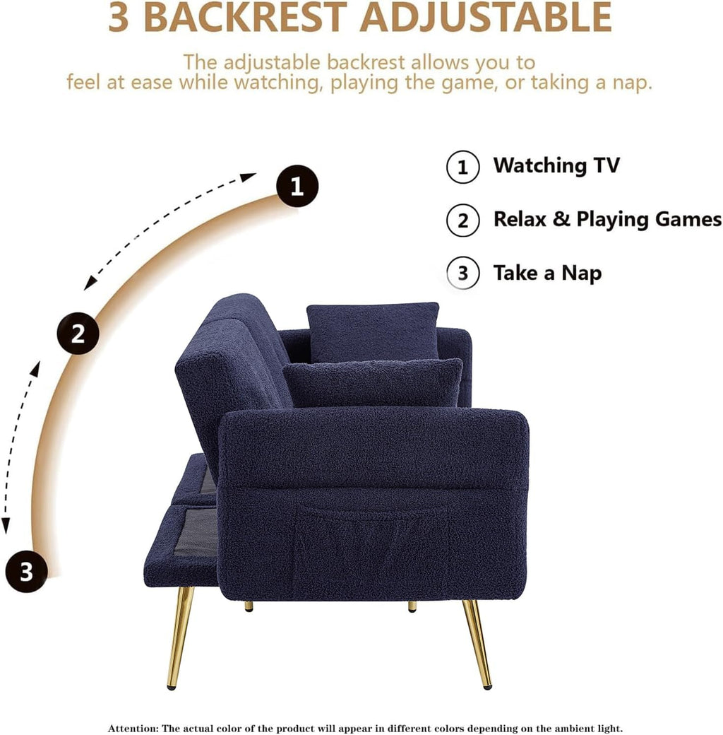 69.5' Convertible Futon Sofa Bed with Adjustable Backrest and Armrests, Teddy Upholstered Loveseat Sleeper Couch with 2 Pillows and Metal Legs Love Seat for Guest Room Living Room (Dark Blue)