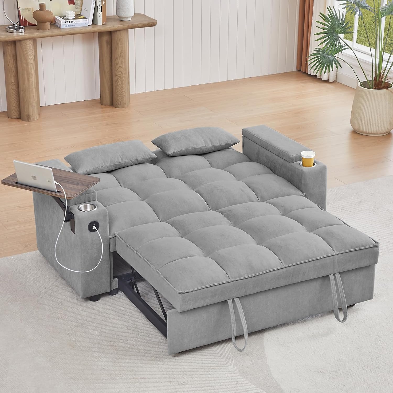 hansones 65'' 3-in-1 Folding Convertible Sofa Bed, Queen Size Pullout Sofa, Modern Chenille Fabric, 360° Swivel Side Table, Easy Assembly, Perfect for Living Room