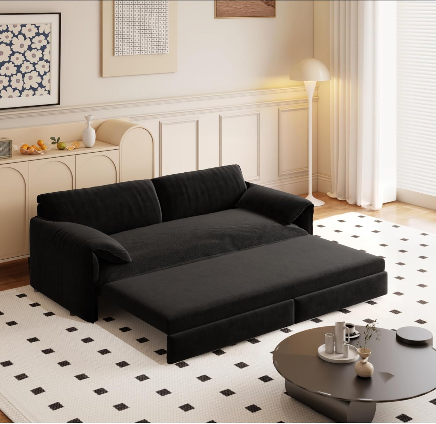 3 in 1 Convertible Queen Sleeper Sofa Bed Comfy Pull Out Futon Couch Bed 66' Modern Velvet Recliner Loveseat Sofa Multi-Functional Black Cloud Couch for Living Room,Apartment,Office (Black 66')