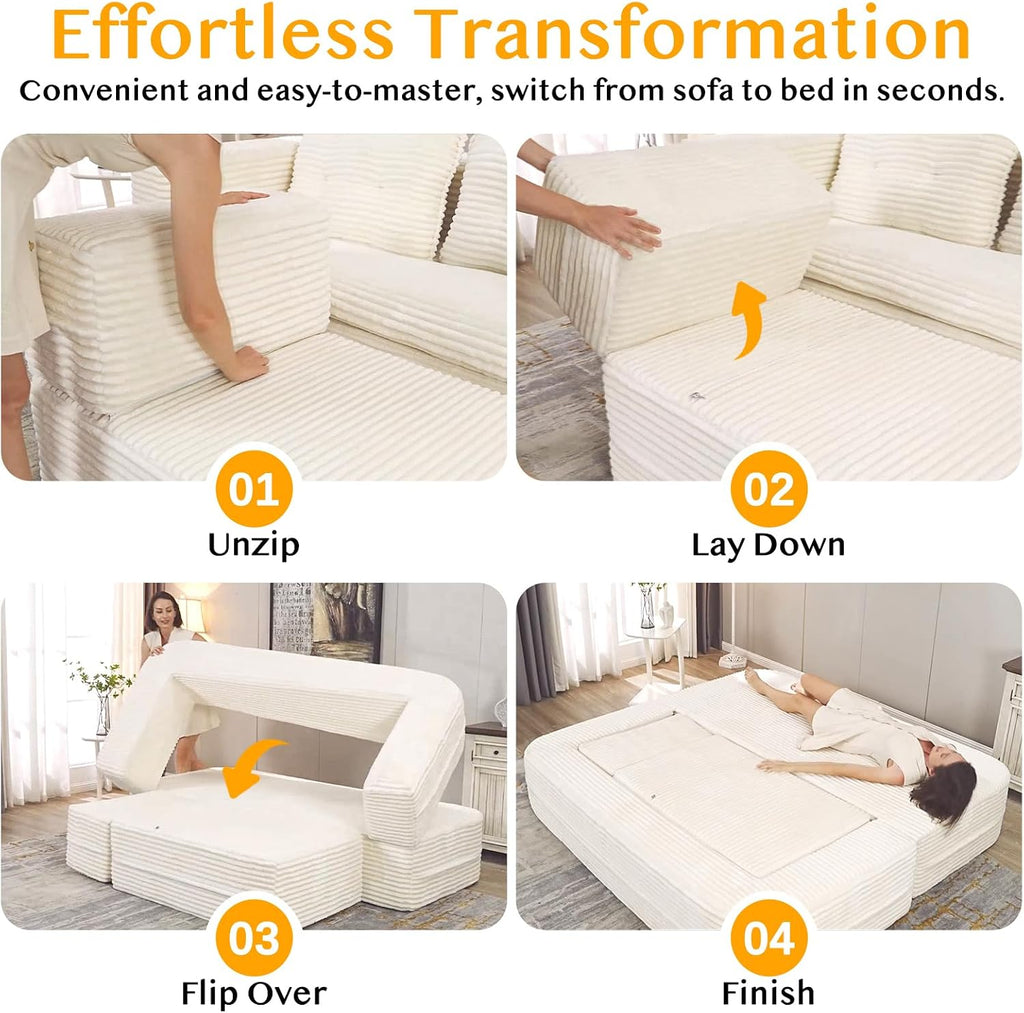 80'' Futon Sofa Bed, King Size Foldable Sleeper Sofa, Corduroy Boneless Loveseat Couch with Chaise Lounge, 3 Pillows, Blanket, Upholstered Sectional Couches for Living Room, Bedroom, Beige