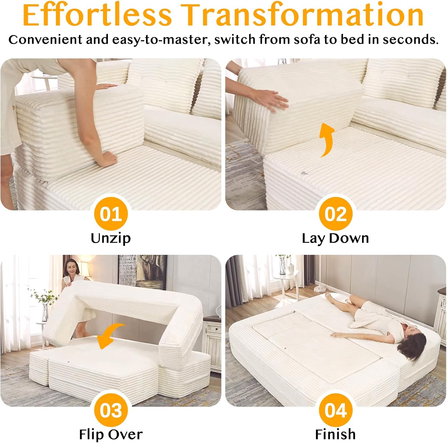 80'' Futon Sofa Bed, King Size Foldable Sleeper Sofa, Corduroy Boneless Loveseat Couch with Chaise Lounge, 3 Pillows, Blanket, Upholstered Sectional Couches for Living Room, Bedroom, Beige