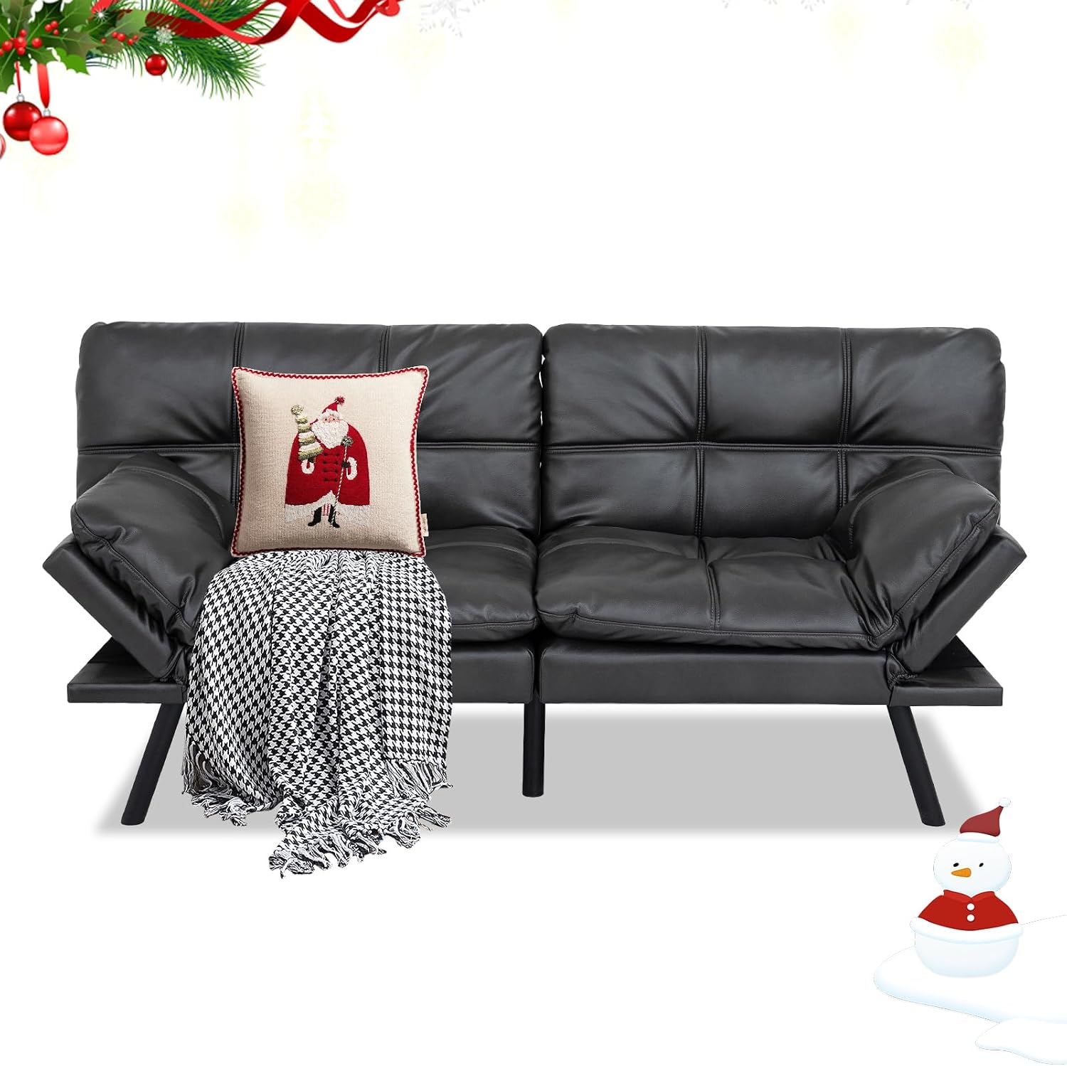 MUUEGM 71' Futon Sofa Bed, Convertible Couch Filled with Memory Foam, Modern Loveseat with Adjustable Backrest&Armrest, Sofas for Living Room,Game Room,Dormitory,Office.Black Leather