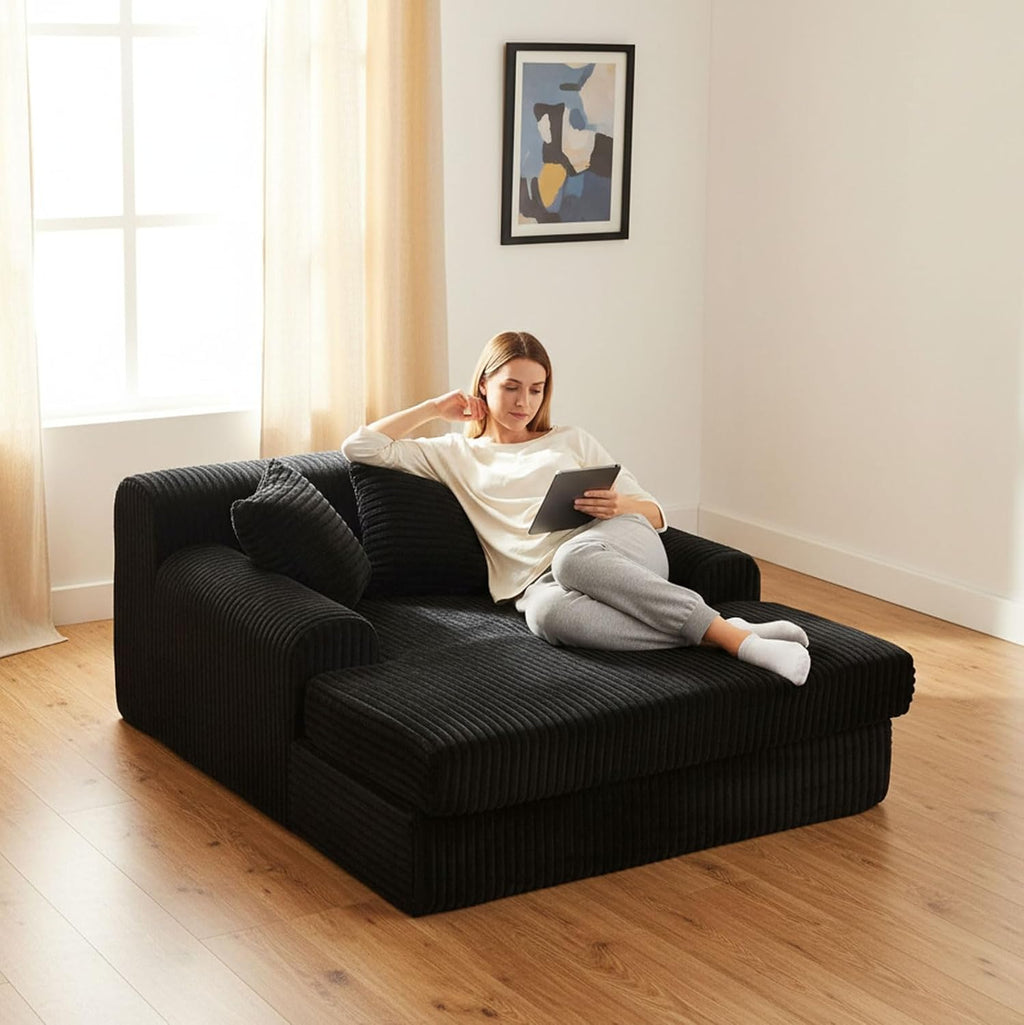 59' Oversized Chaise Lounge Chair Indoor, Comfy Corduroy Upholstered Sleeper Sofa Bed, Boneless Deep Seat Lounge Couch with Throw Pillows and Armrests, Modern Sofa for Living Room Bedroom,Black