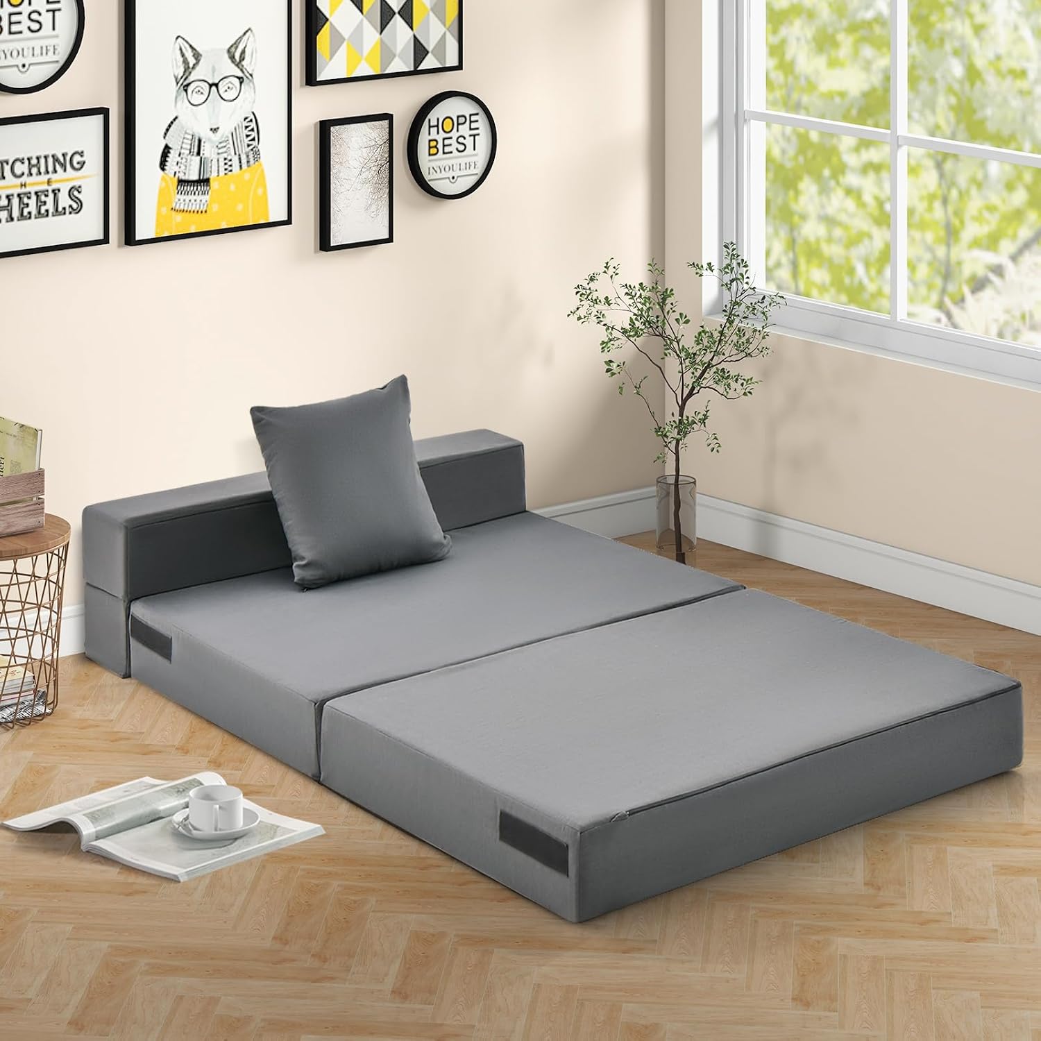 Giantex 6 Inch Folding Sofa Bed Couch with Pillow, Tri-fold Mattress with High-Density Foam, Foldable Floor Couch with Headrest, Portable Guest Bed with Zippered & Washable Cover, Dark Grey