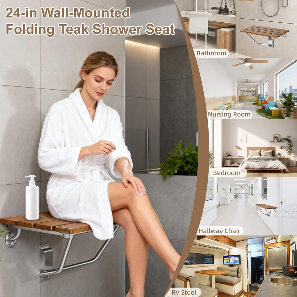 24'' Folding Shower Seat Wall Mounted, Folding Shower Bench with Stainless Steel Bracket, 500lb Load Capacity, for Elderly, Pregnant Women, Kids, Disabled